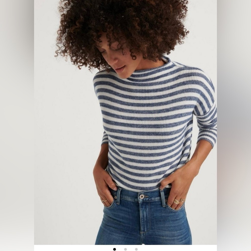 Lucky Brand Cloud Jersey Rib Stripe Mock Neck Top Blue White Womens size Xl